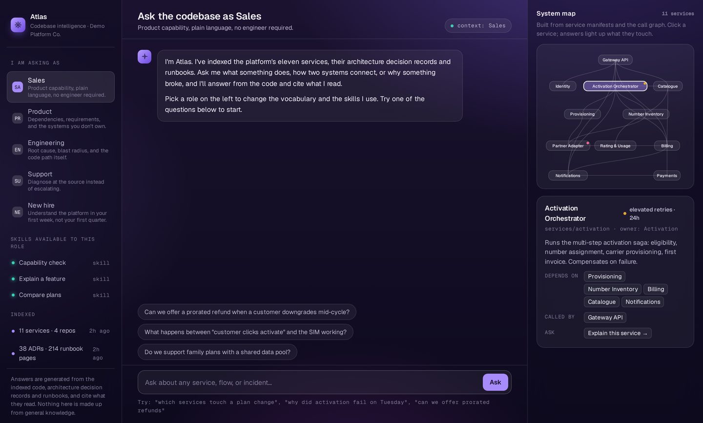Codebase intelligence assistant: role picker, grounded answer with citations, and a service dependency map